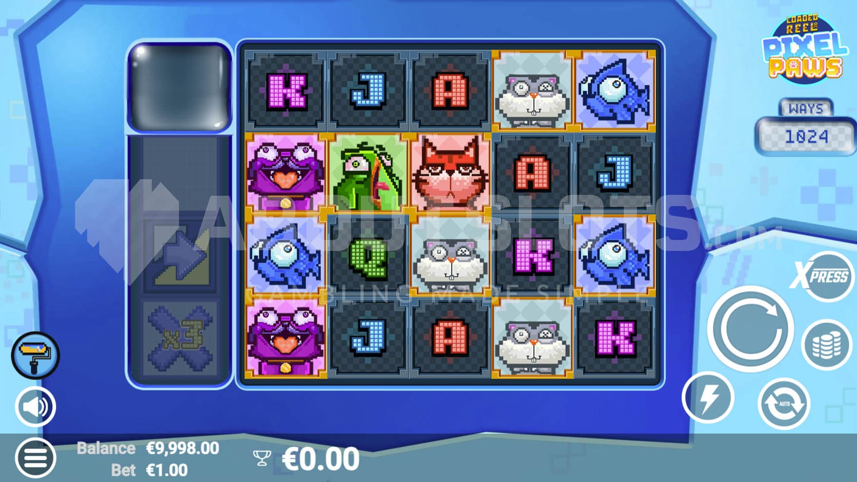 Base game showing a 5x4 grid with a mix of low-paying and high-paying symbols.