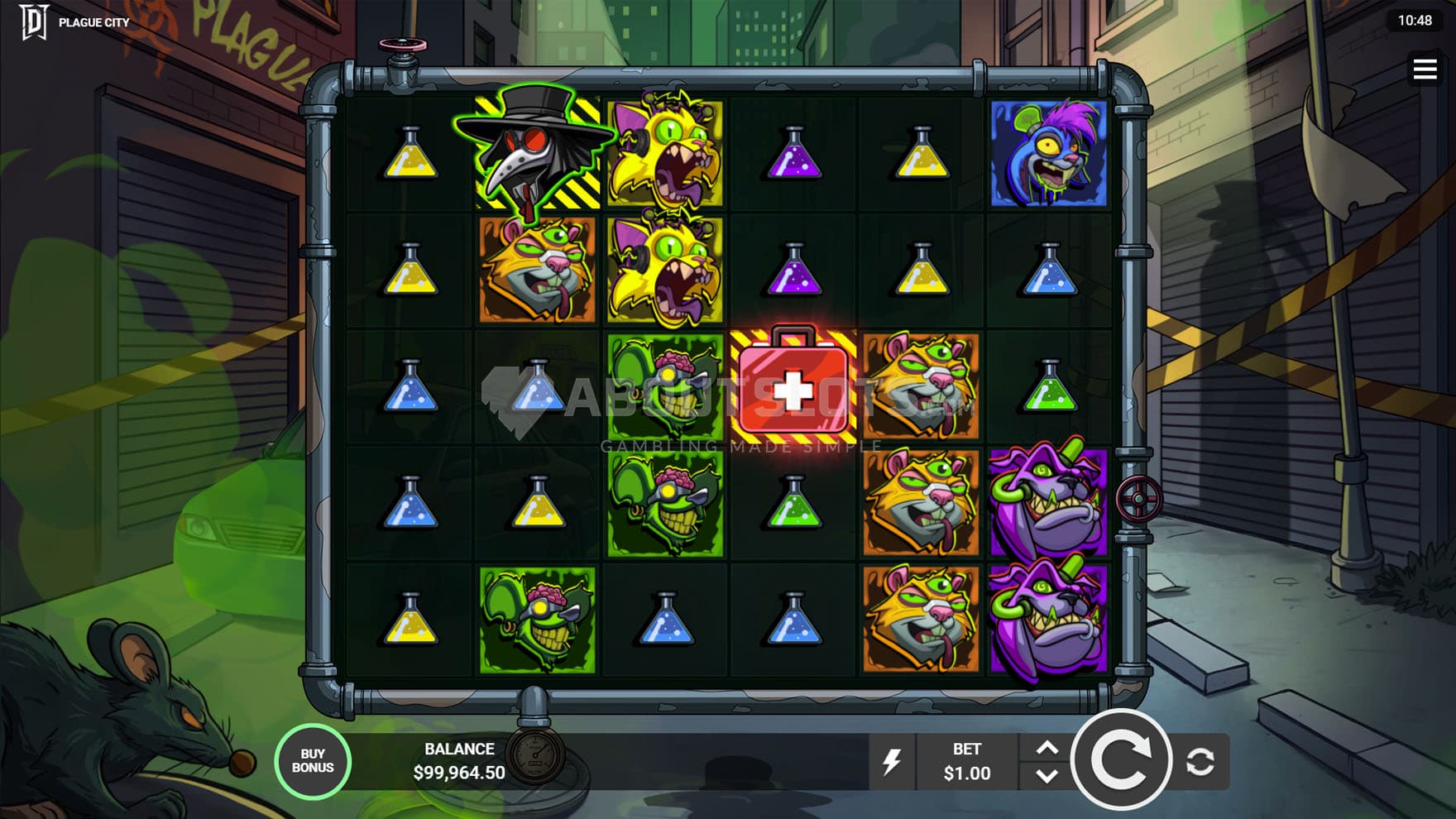 Base Game view of a 6x5 grid on a backdrop of a cartoon city at night.