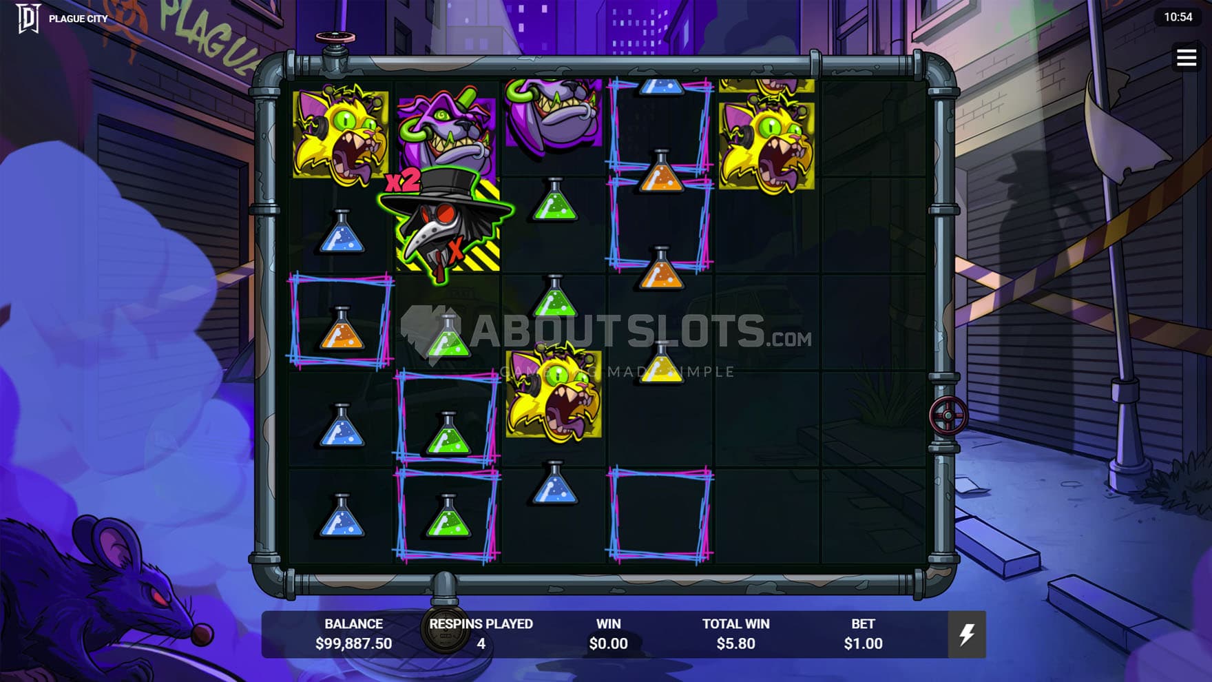Plague Wave Respins in progress, showing frames and Wilds sticky during a respin.