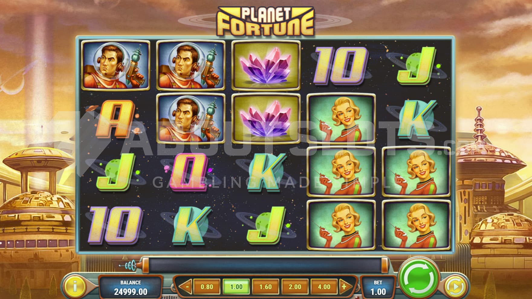 Base Game view of a 5x4 grid on a backdrop of a futuristic space city.