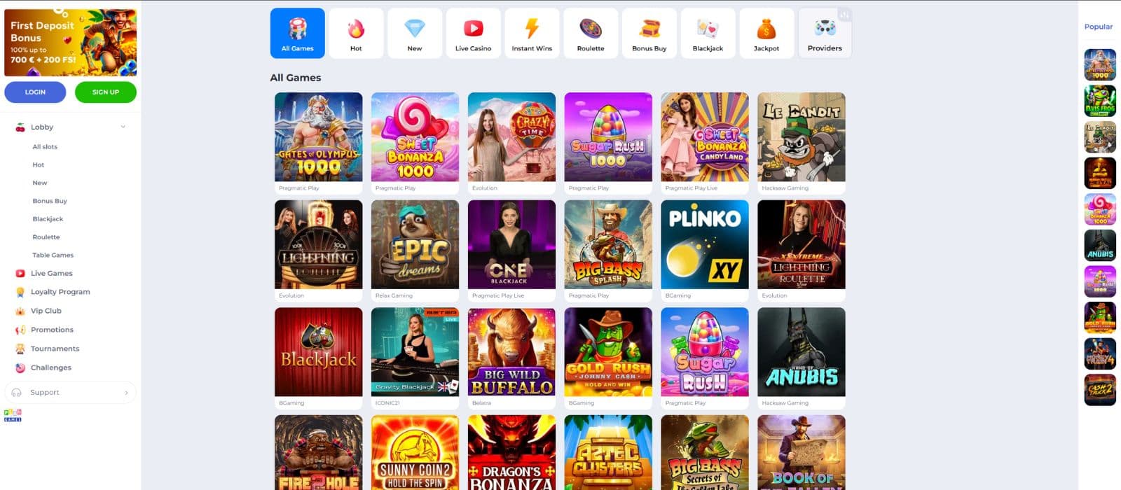 Plangames casino games page showing selected games and all game categories on top
