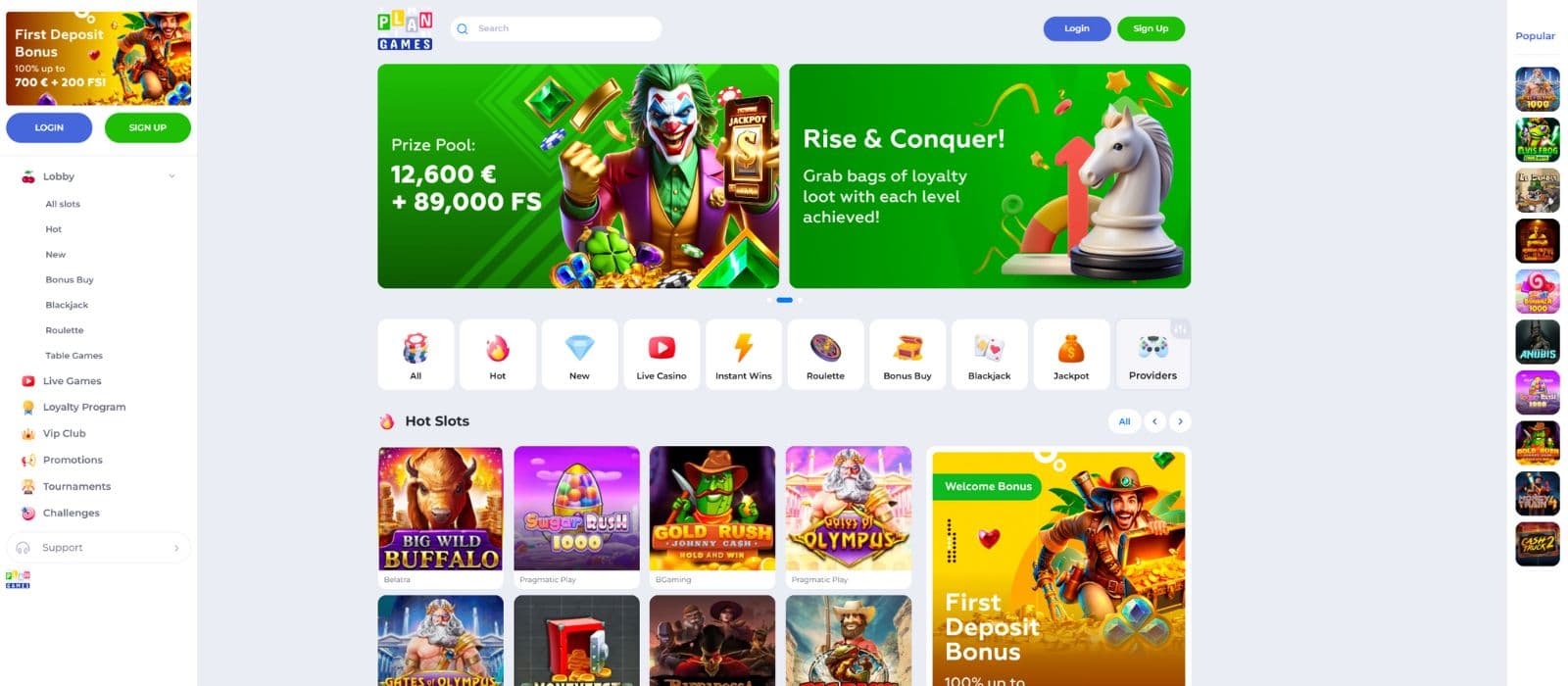 Plangames Casino landing page showing the welcome bonus offer, selected games and game categories