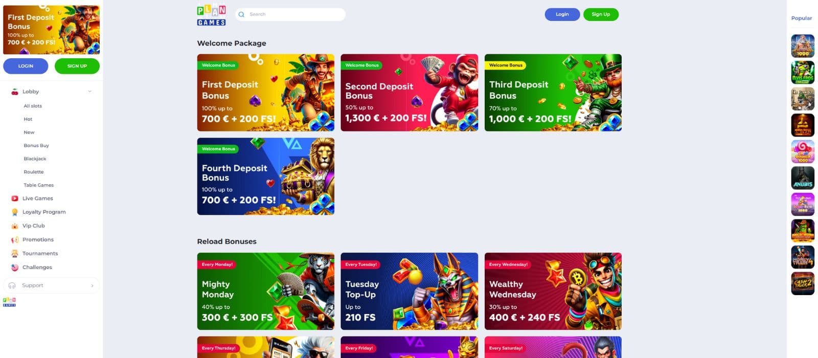 Plangames Casino promotions page showing the welcome bonuses and other promotions