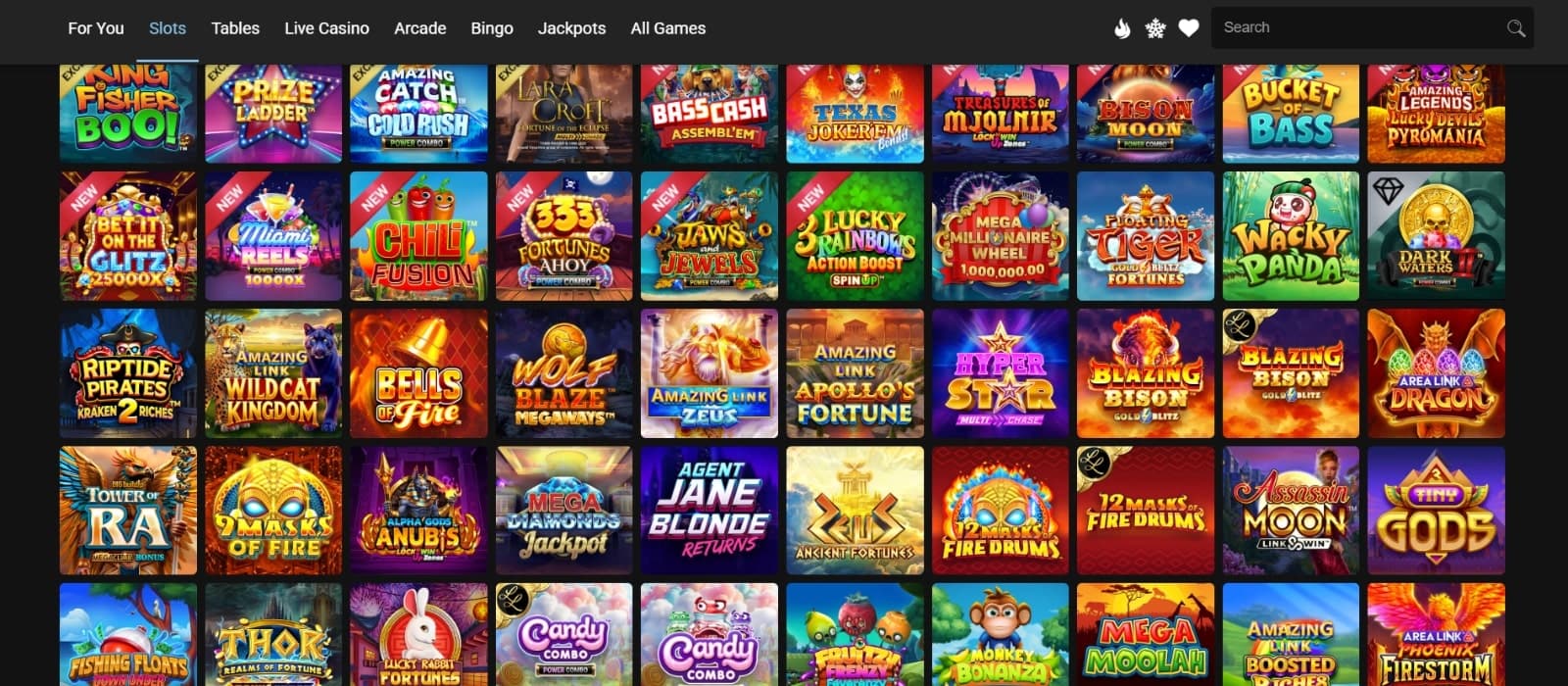 Platinum Play Casino's games page features slots, table games, live lobbies such as Wacky Panda and Mega Moolah