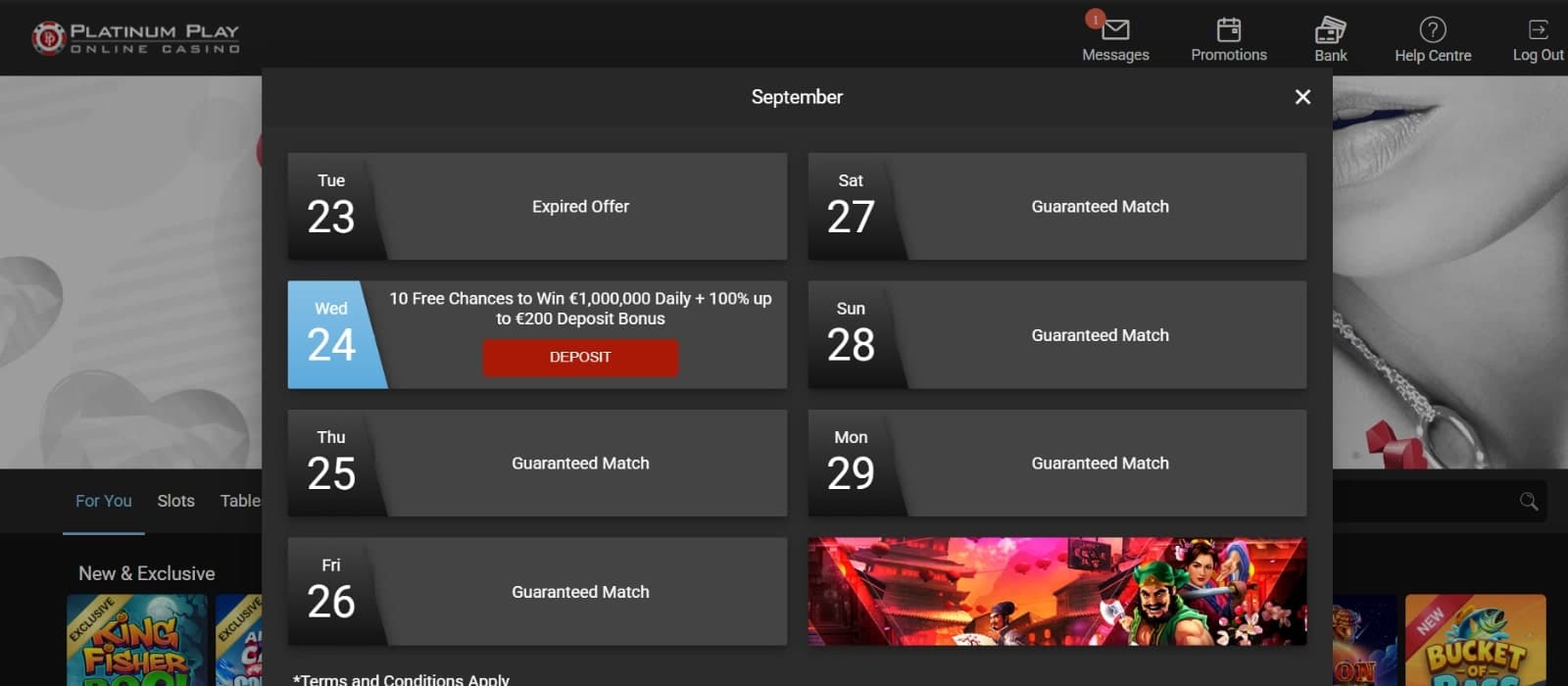 Platinum Play Casino's promotions page listing the welcome bonus offer of 100% up to 200 euros