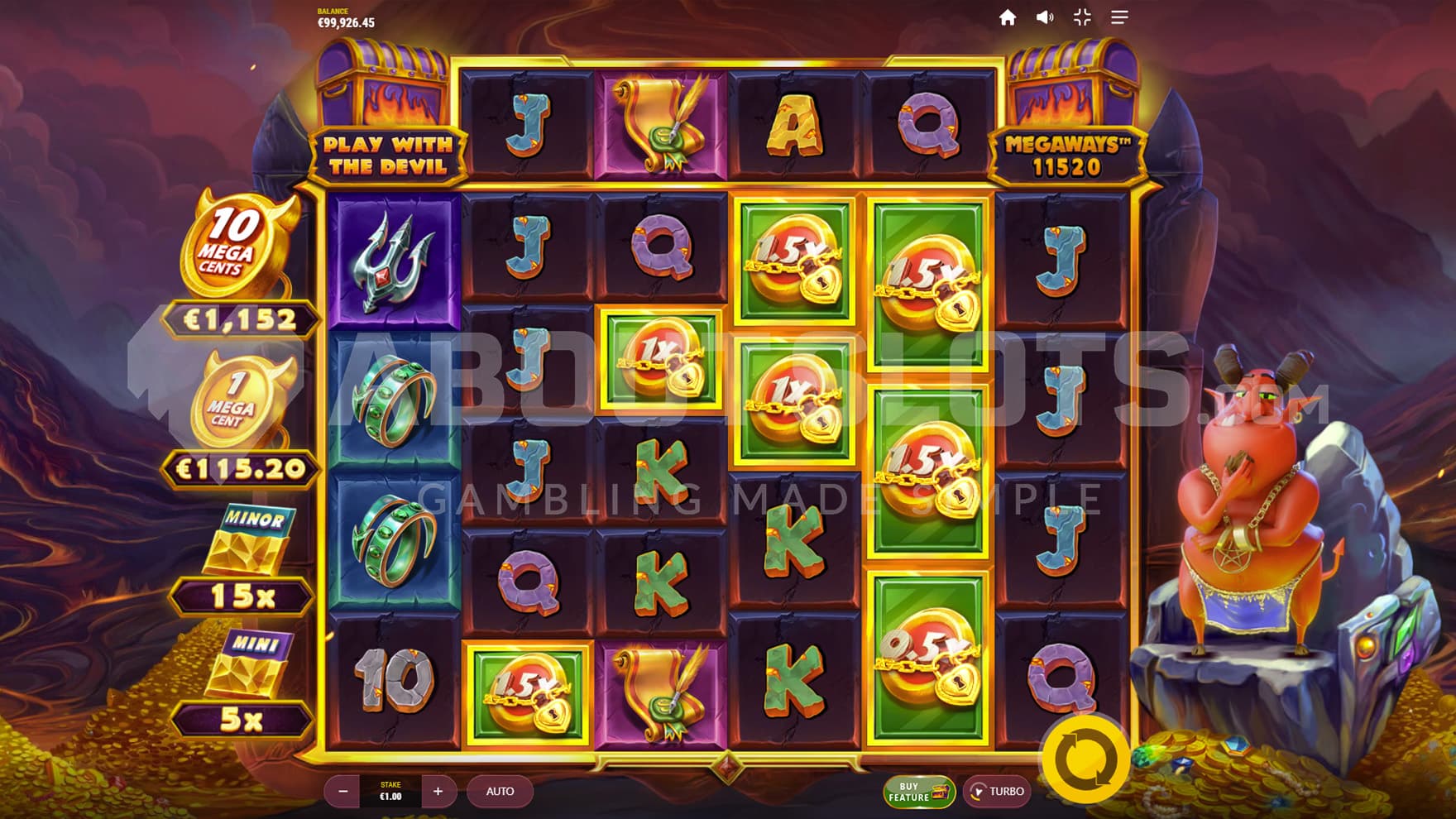 Base Game view of a 6-reel grid on a backdrop of hell with the devil standing on the right on a stone throne.