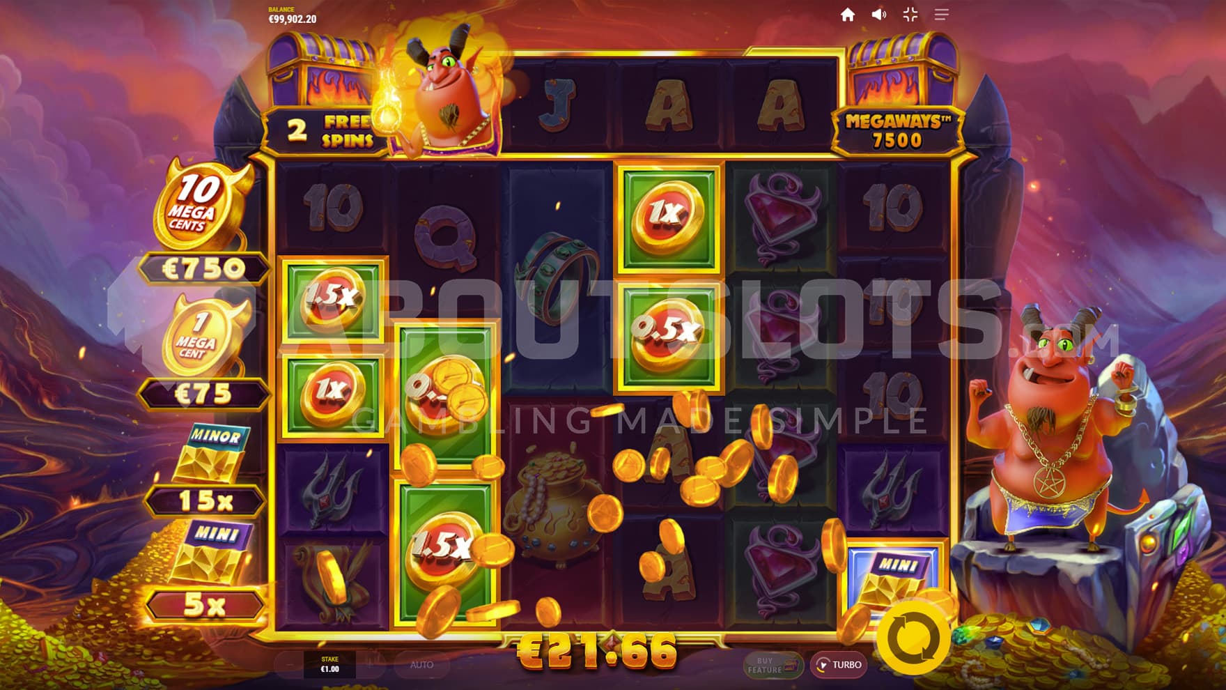 Free Spins bonus in progress, showing the Wild on the top horizontal reel collecting multiple Bonus Prizes from the grid.