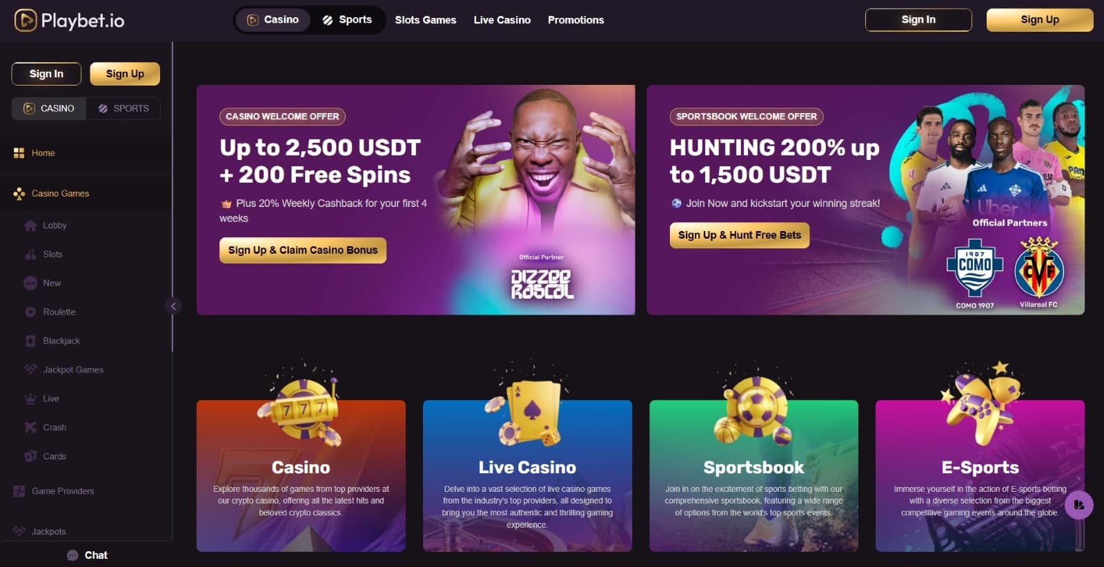Playbet.io Casino landing page featuring casino and sportsbook welcome offers with Dizzee Rascal and Villareal partnerships