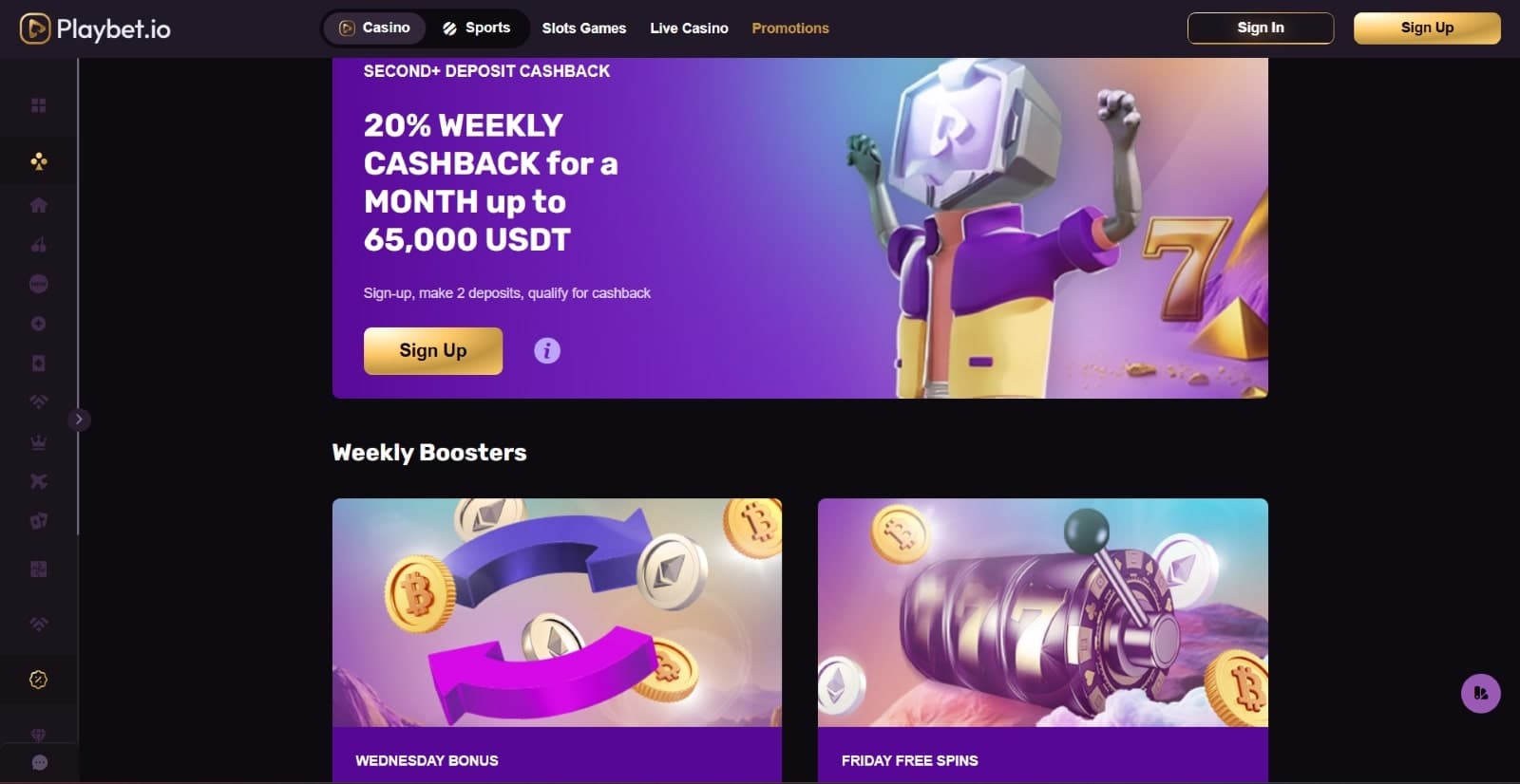 Playbet.io Casino promotions page with weekly cashback and reload boosters