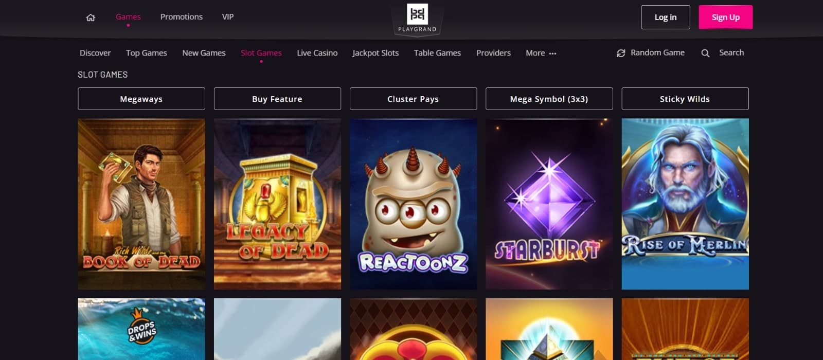 PlayGrand Casino's games page featuring the megaways, buy feature, cluster pays, mega symbol, sticky wilds slot categories