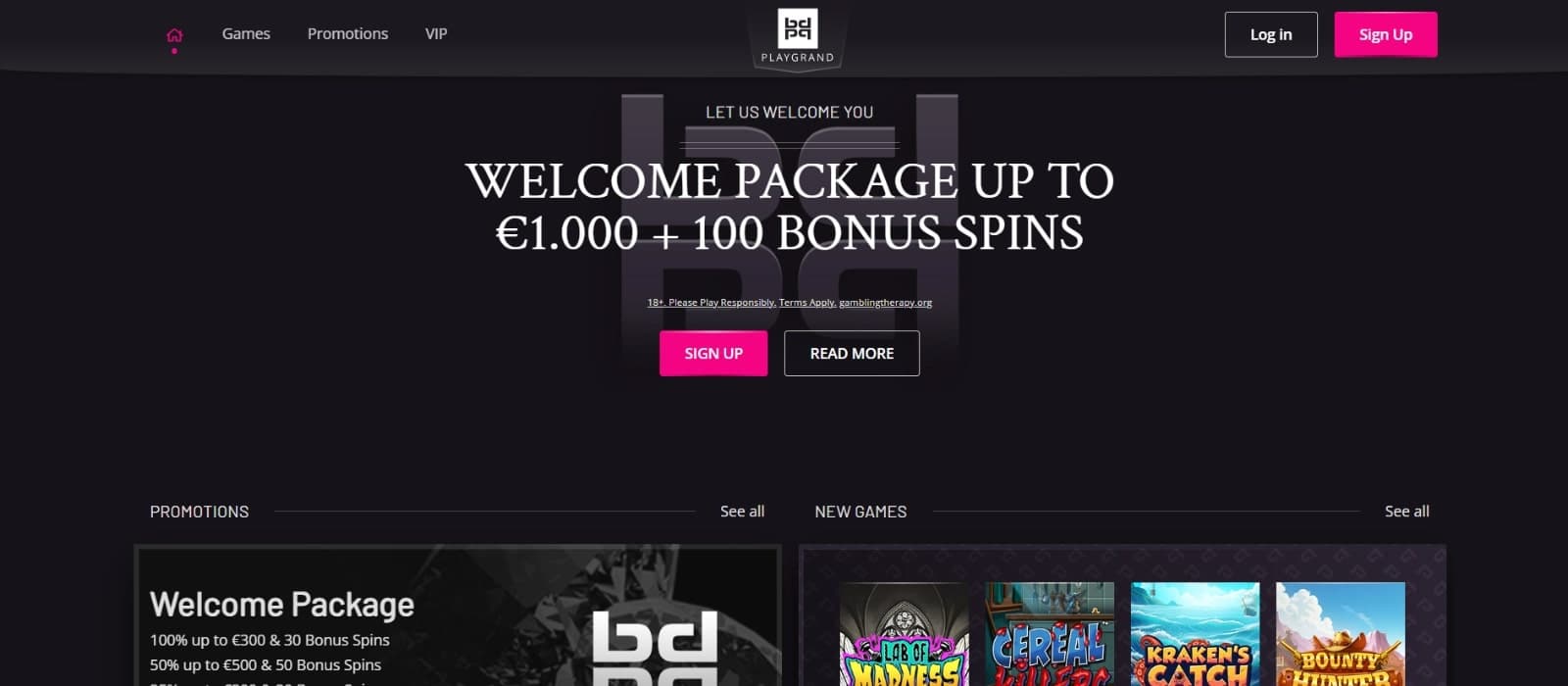 PlayGrand Casino's landing page featuring the 1000 euros and 100 free spins welcome bonus and sign up button