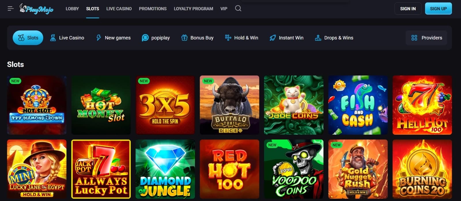 The gaming library at PlayMojo includes several popular slots, including Snoop Dogg Dollars and Gates of Olympus.