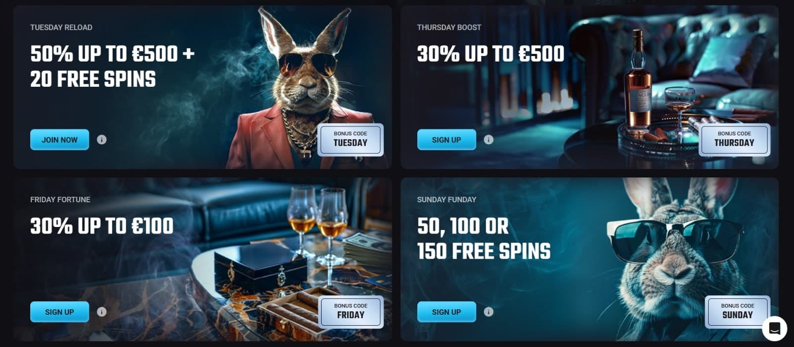 PlayMojo's promotion page featuring the weekly reload bonuses from Tuesday to Sunday with cash and free spins