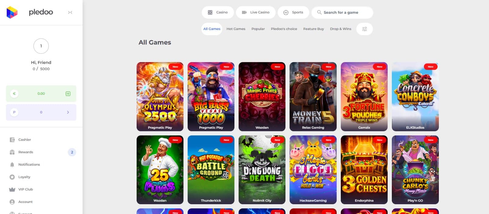 Pledoo Casino Games Page featuring the casino, live, and sports top lobby tabs, casino game sorting tabs and filters, with slot icons underneath