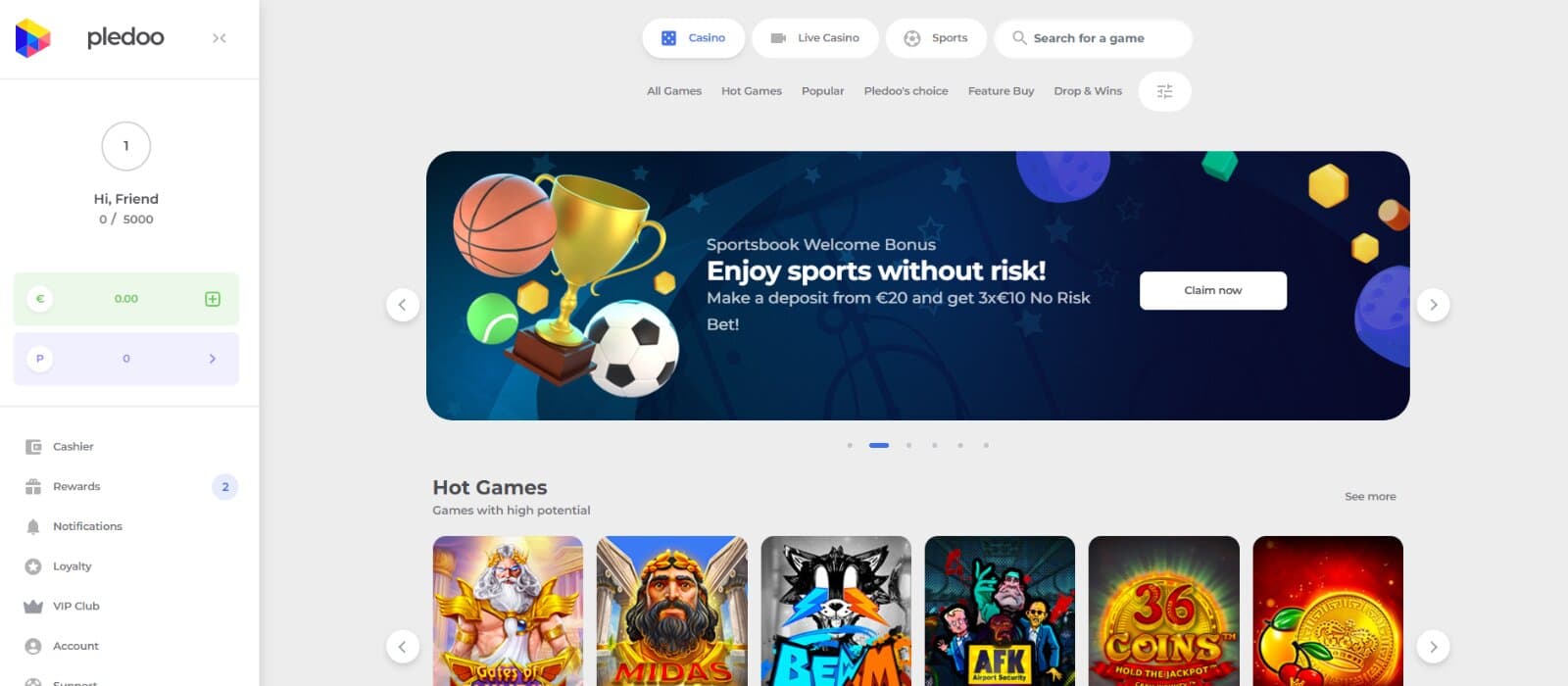 Pledoo Casino Home Page featuring the sports banner promotion, hot games section with slot icons, and side menu with account, cashier, and promotional info