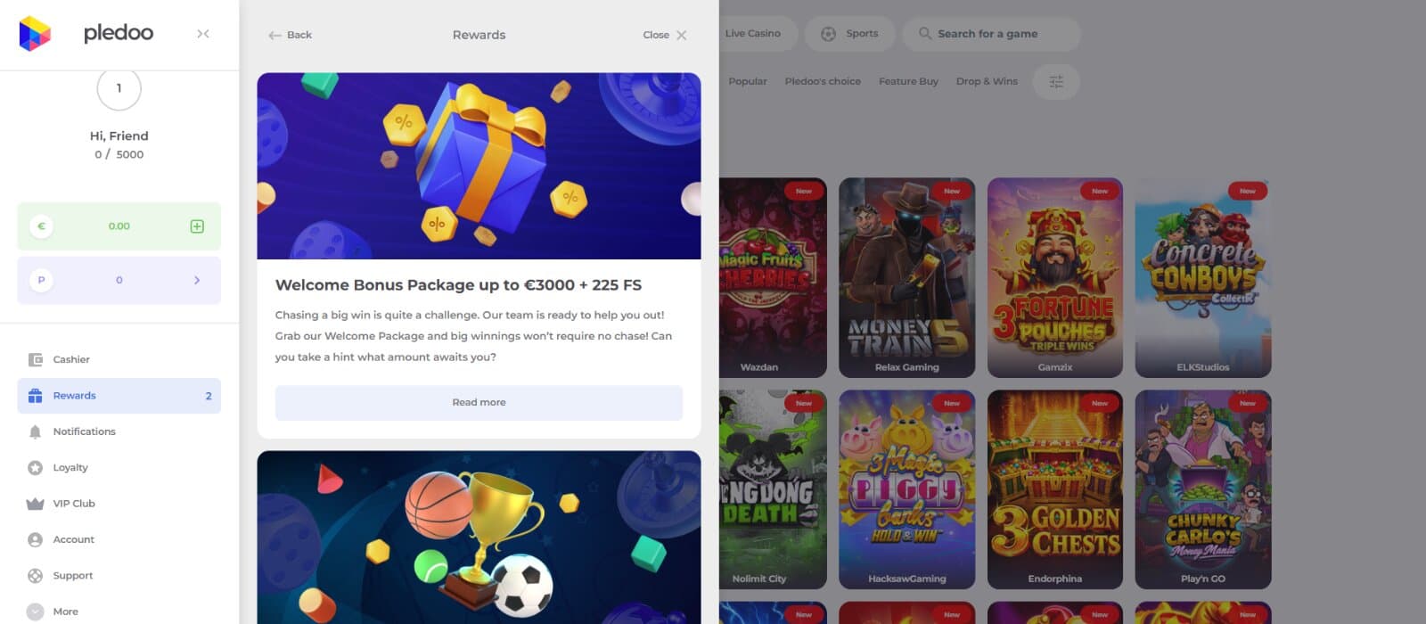 Pledoo Casino Promotions page featuring the side menu page that include the welcome bonus package, sports bonus, reload bonus, and crypto bonus