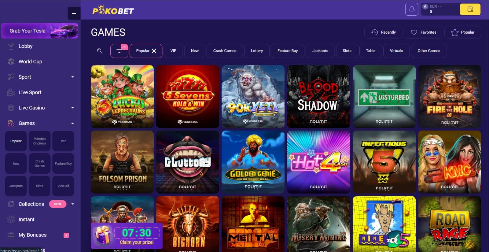PokoBet Casino's games page featuring slot titles and icons under tab categories and next to side menu