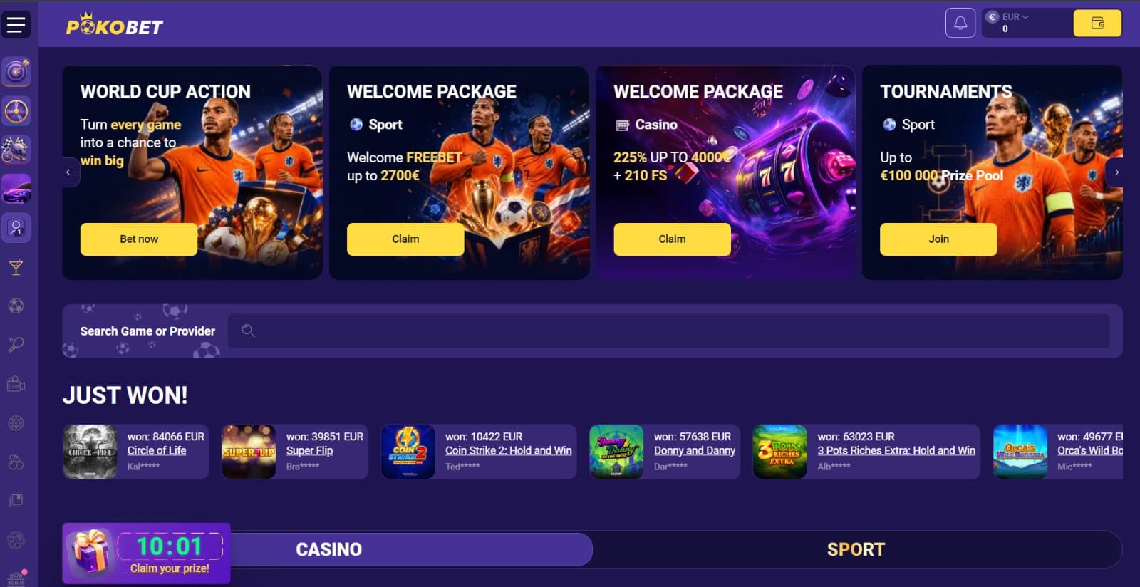 PokoBet Casino's landing page displaying the welcome bonuses , biggest wins, slot and sports lobbies