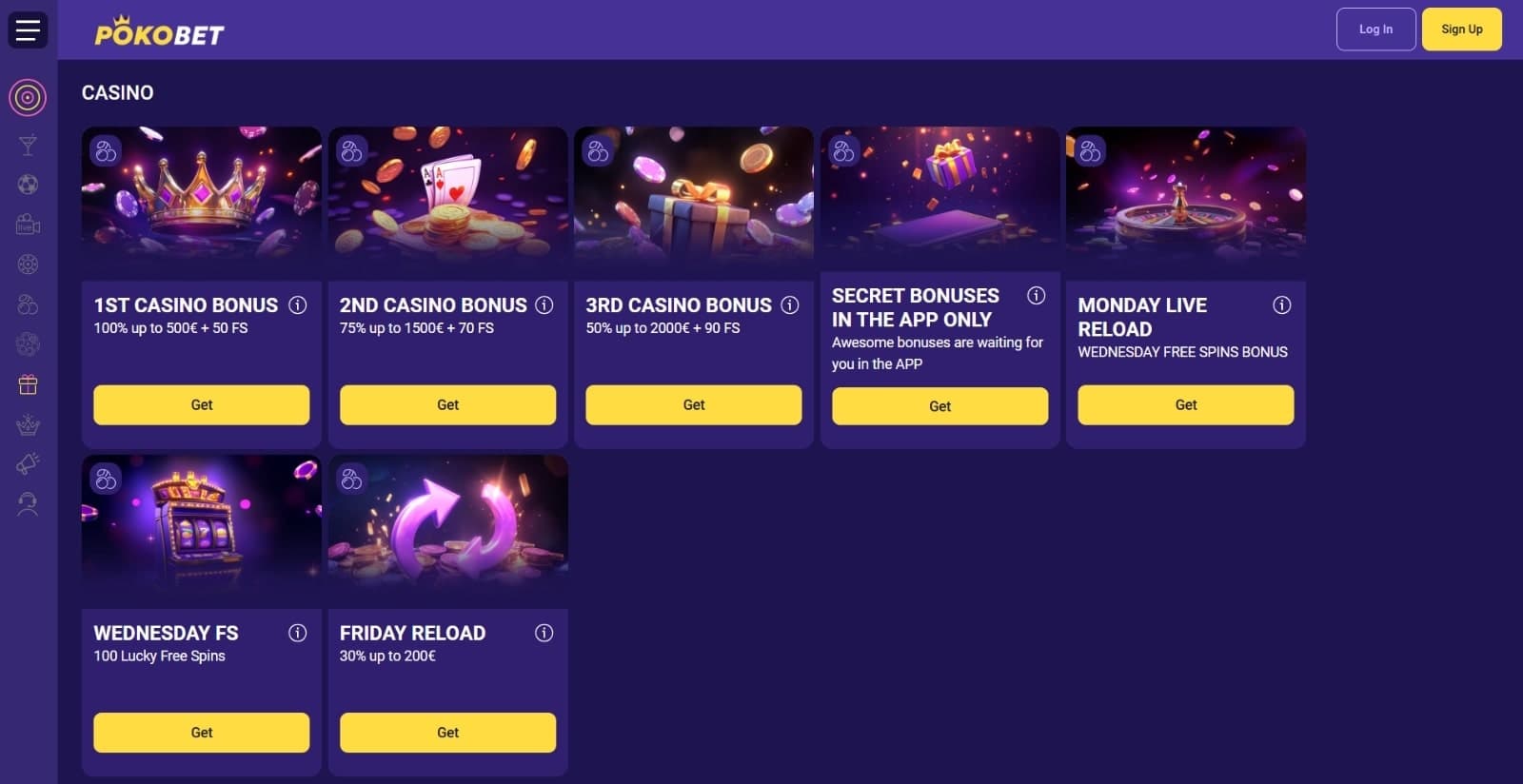 PokoBet Casino's promotional page featuring the casino welcome package, secret app bonuses, live reload bonus, free spins and Friday reload bonus