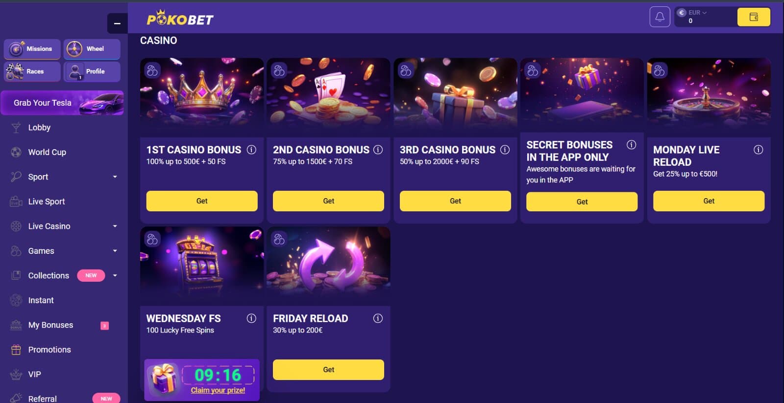 PokoBet Casino's promotions page featuring the welcome bonus, weekly reload free spins and match deposits with their respective image banners