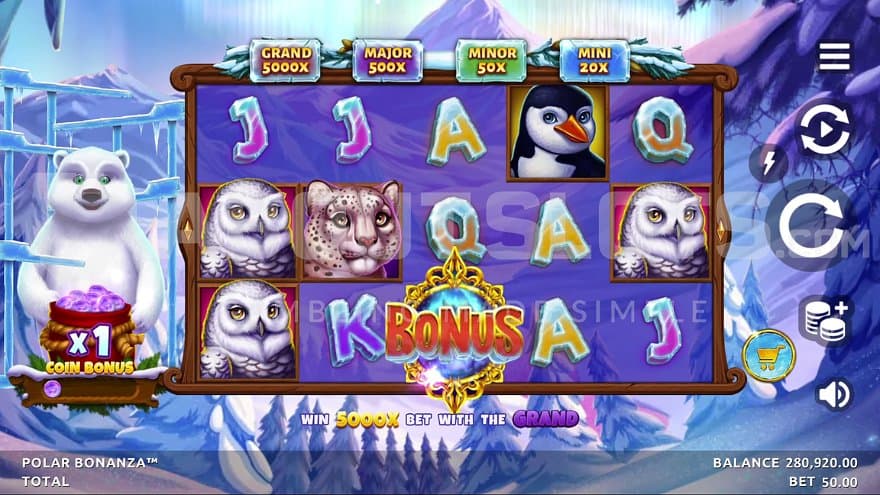 A casino slot in a winter landscape with a polar bear to the left.