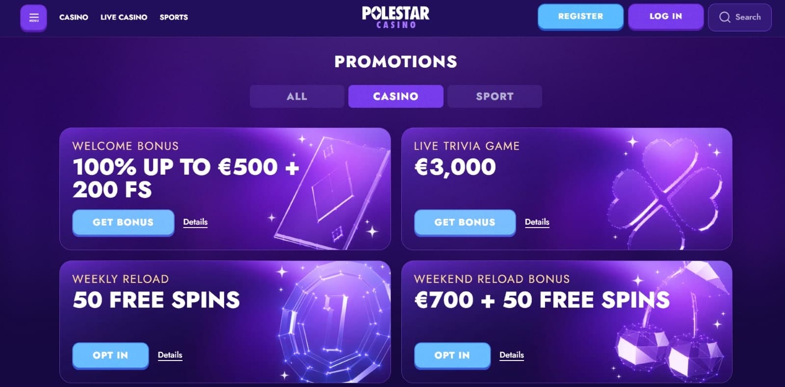 Polestar casino promotions page with casino bonuses of 50 free spins and welcome bonus