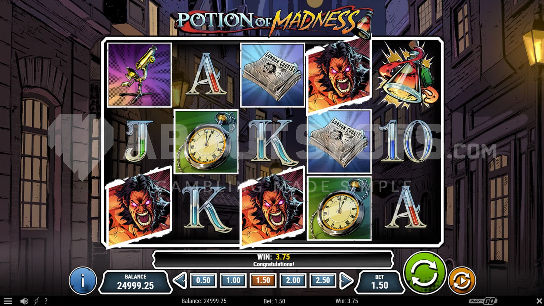 Base Game view of a 5x3 grid with a mix of comic book-style symbols on a backdrop of a night time city.