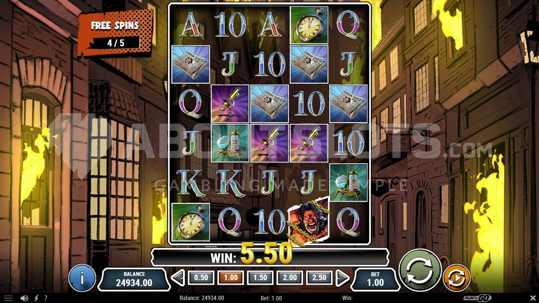 Free Spins bonus in progress showing an increased 5x6 grid and a city on fire in the background.