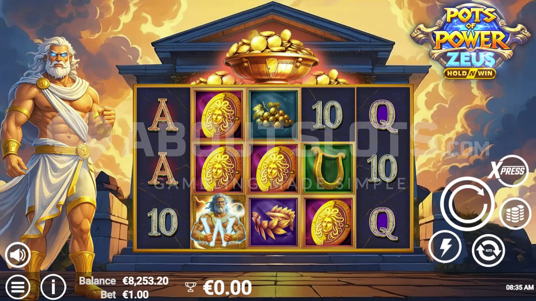 Base Game view of a 5x3 grid on a backdrop of a temple in the sky, with Zeus standing on the left.