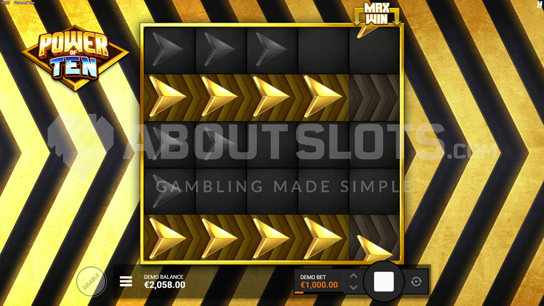 High-Roller Featurespins feature in progress, showing a grid populated only with gold arrows and blanks.