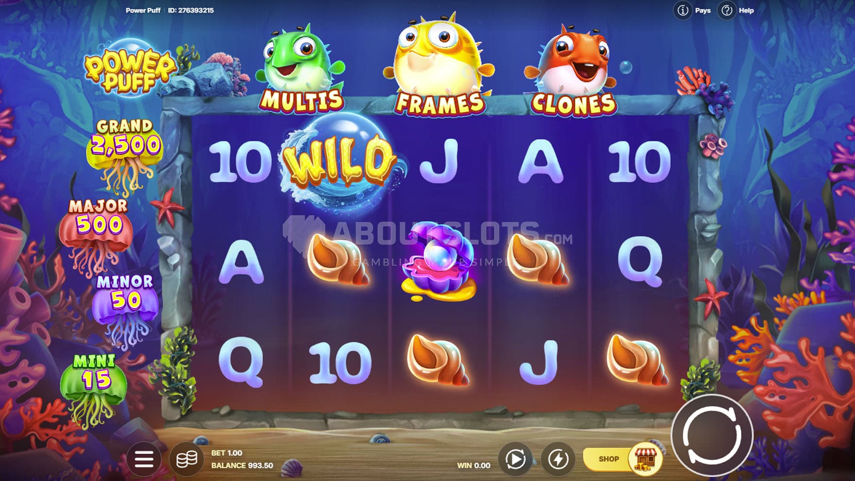 Screenshot of the Base Game, showing a 5x3 grid on a backdrop of an underwater domain filled with corals.