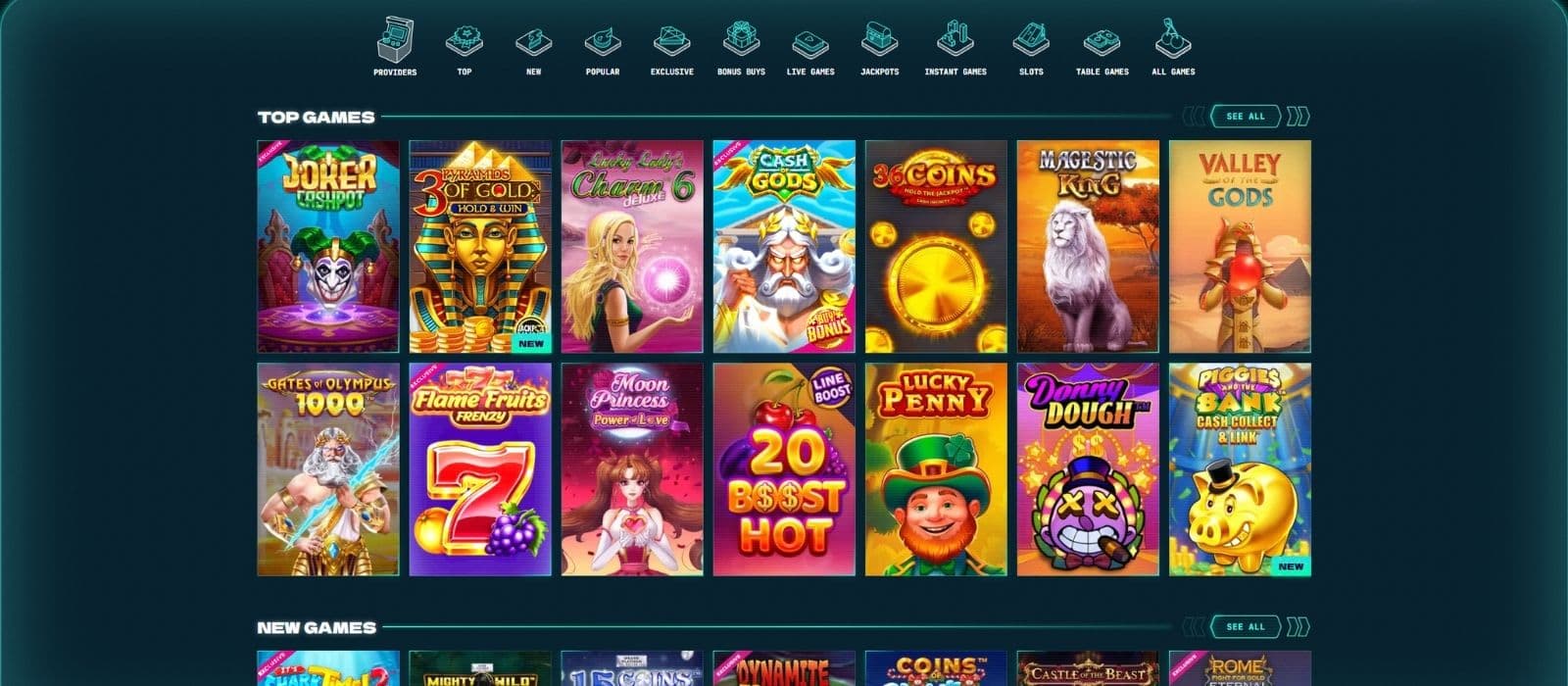 PowerUp Casino games section showing popular slot games and the selection of game categories and providers.