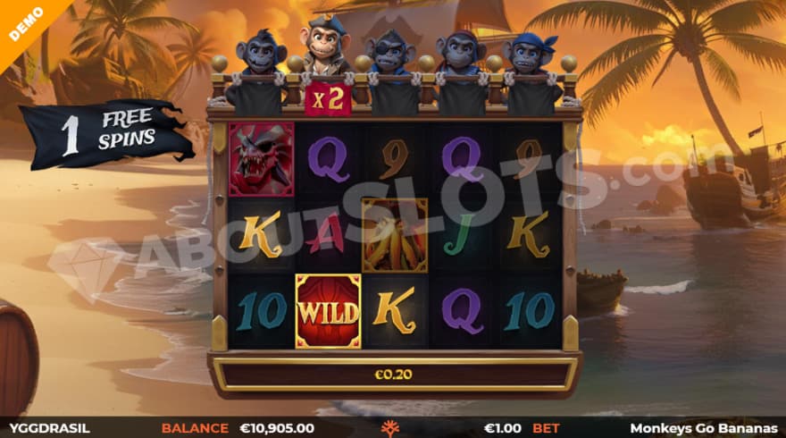 Free Spins bonu game with a wild symbol on the second reel.