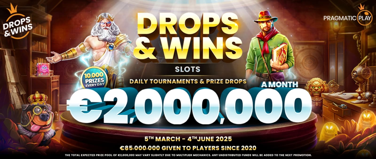 A banner for the Drops and Wins promotion, showing €2,000,000 in prizes per month.