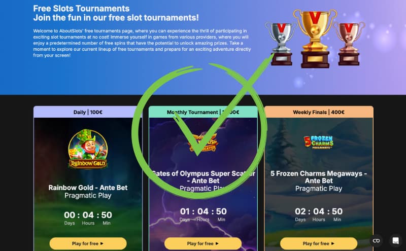 Free Slots Tournament page on AboutSlots being presented with a green mark in the middle of the picture.