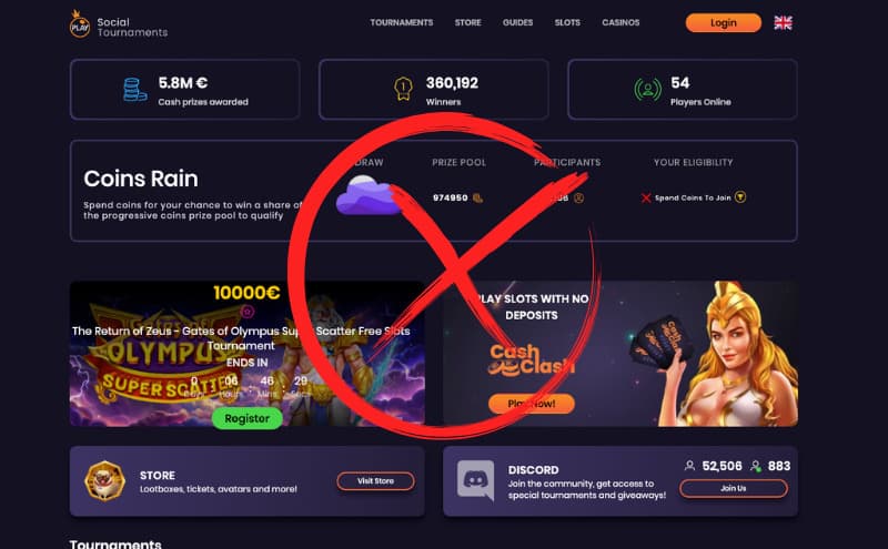 Social Tournaments landing page being presented with a red cross in the middle of the picture.