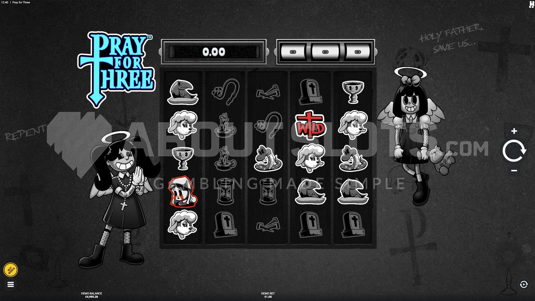 Base Game view of a 5x5 grid on a unicolor grey background with two girl angel figures on both sides of the grid.