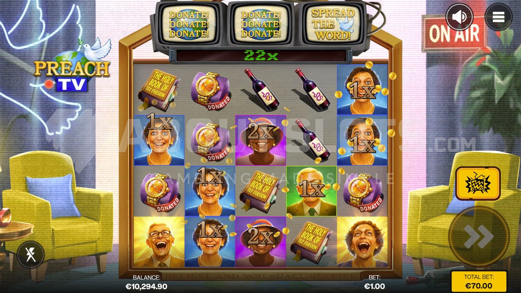 Donate Donate Donate feature triggered in the base game, awarding instant prizes from high-value symbols on the grid.