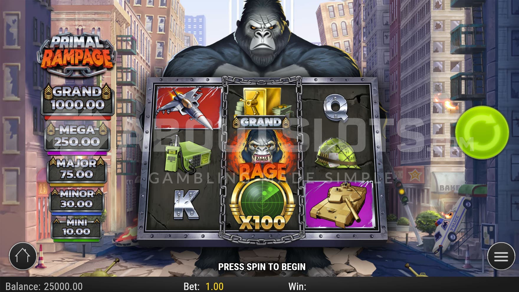 Base Game view of a 3x3 grid on a backdrop of a destroyed city with a giant gorilla standing behind the reels.
