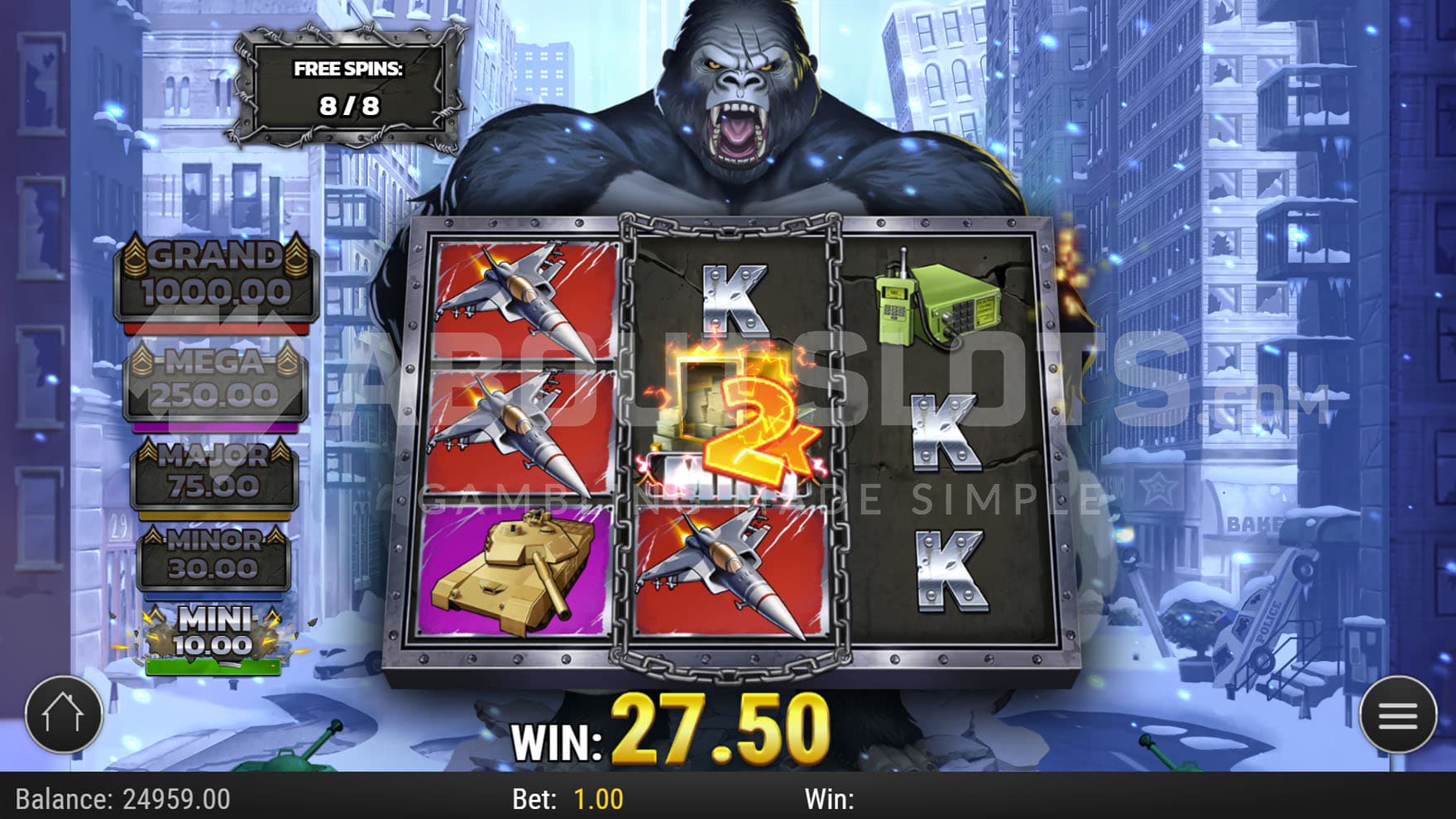 Kong Spin Bonus in progress, showing a bonus symbol on the middle reel being upgraded to a double Mini jackpot.