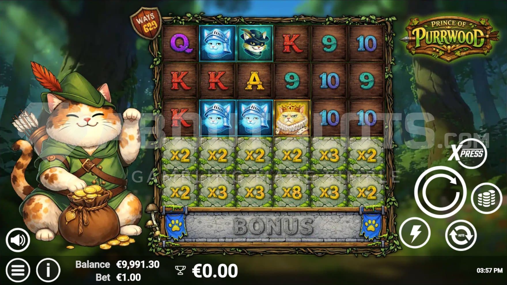 A casino slot with a cat to the left of the reels.