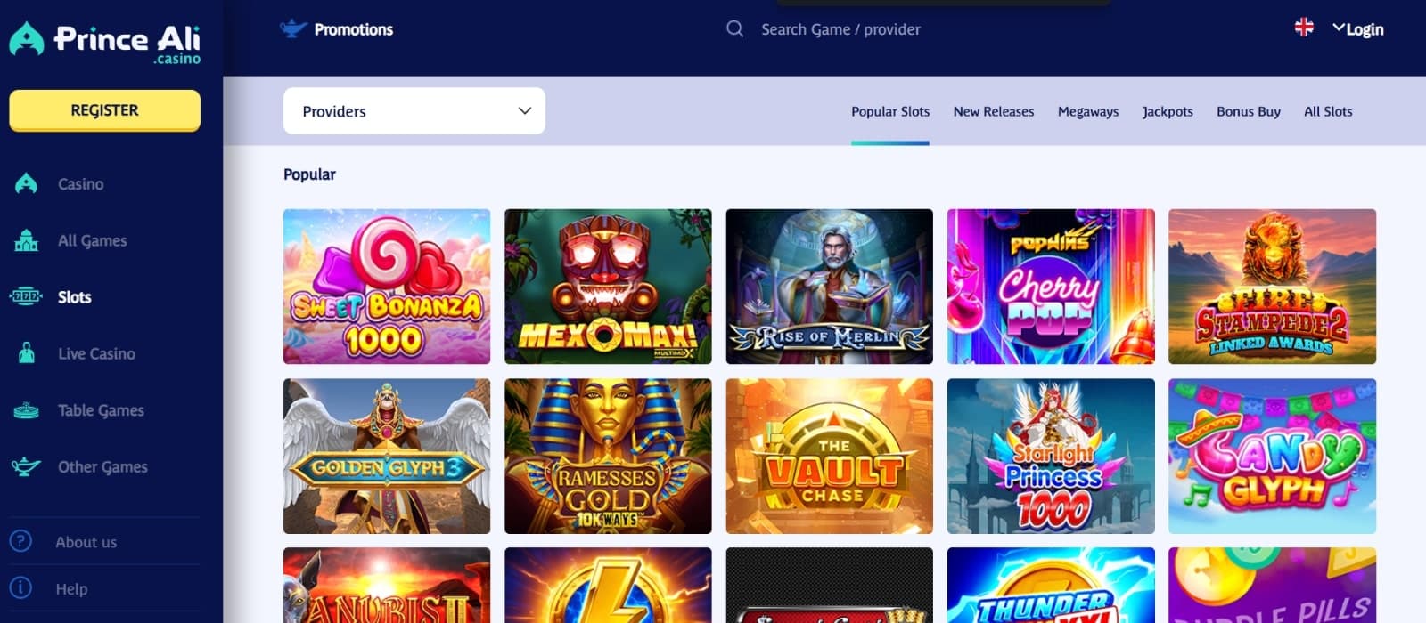 Prince Ali Games page featuring popular slots such as Sweet Bonanza and Ramses Gold under search and tab game filters