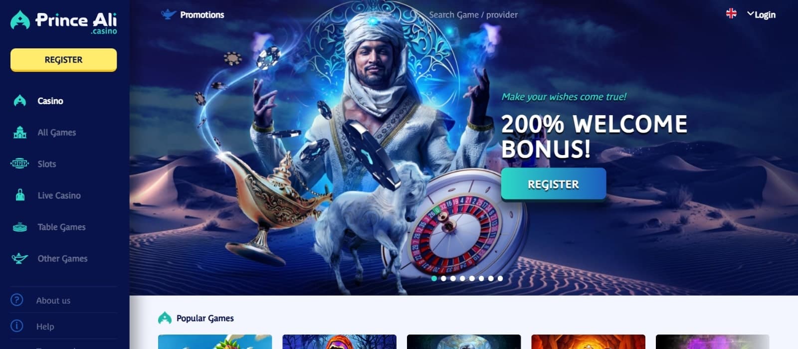 Prince Ali Casino landing page displaying the 200% to 1000 eur no wager bonus over image of Arabian prince and genie lamp