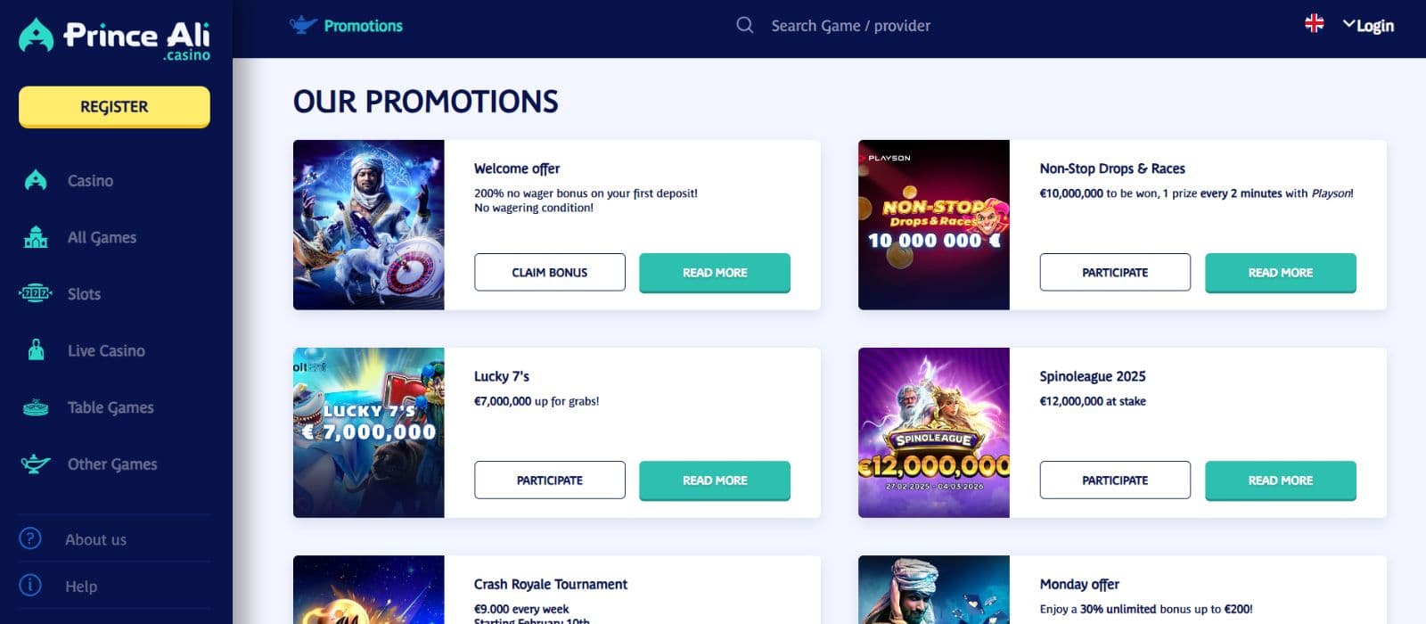 Prince Ali Casino promotions page listing the welcome bonus, tournaments, and Monday reload offer