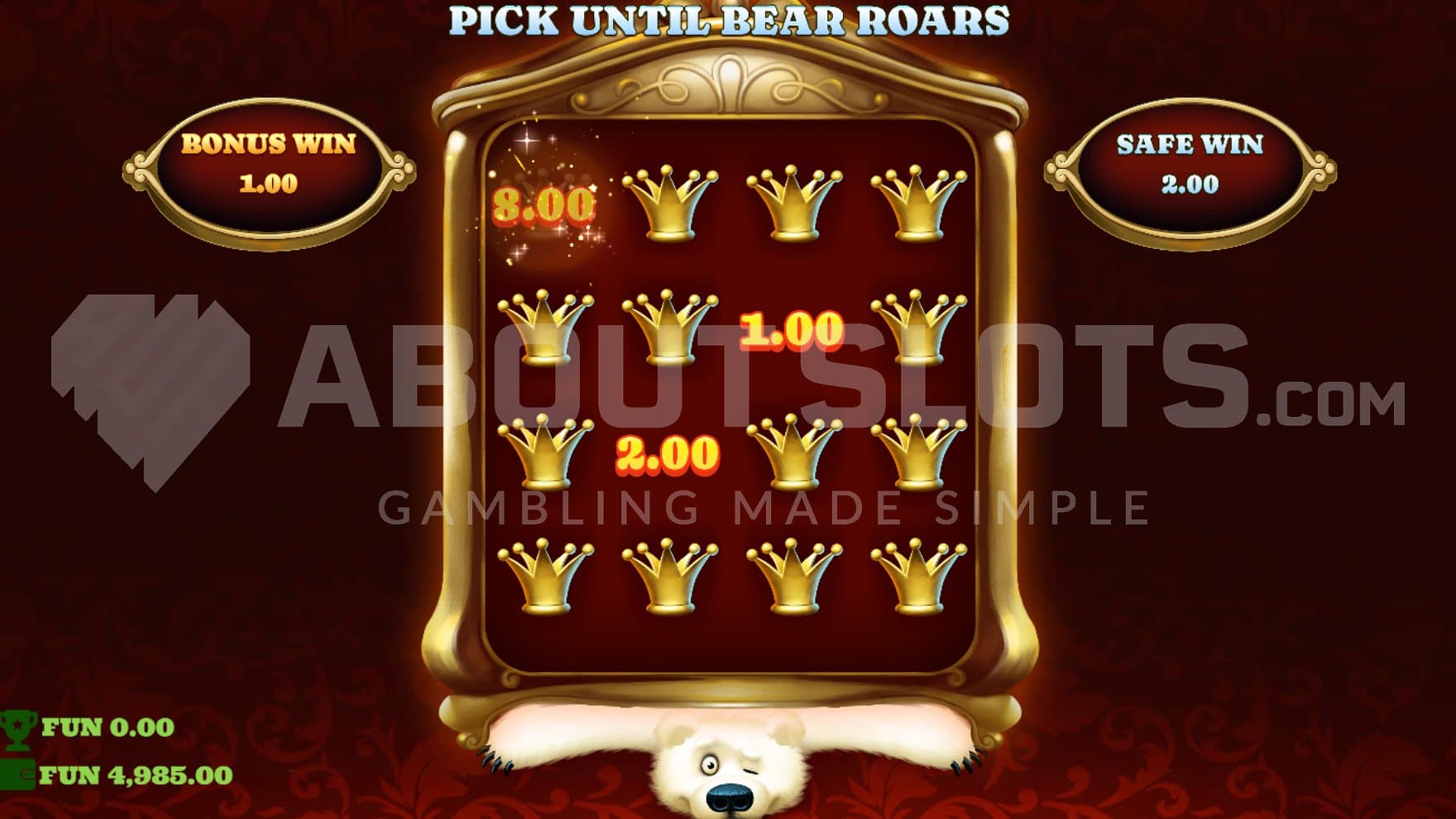 13 crowns and 3 cash prizes in the bonus game.