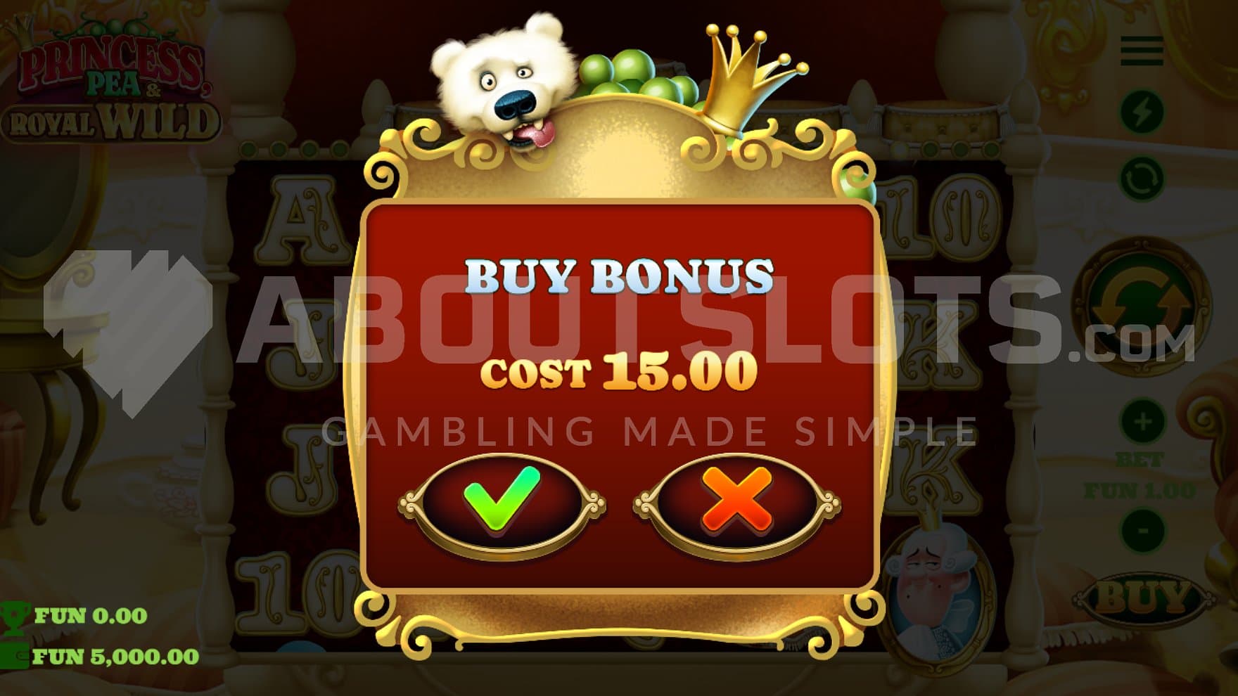 A screen offering the bonus game for 15x the bet.
