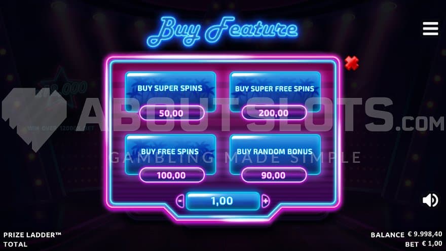 A screen selling features for between 50x and 200x the bet.