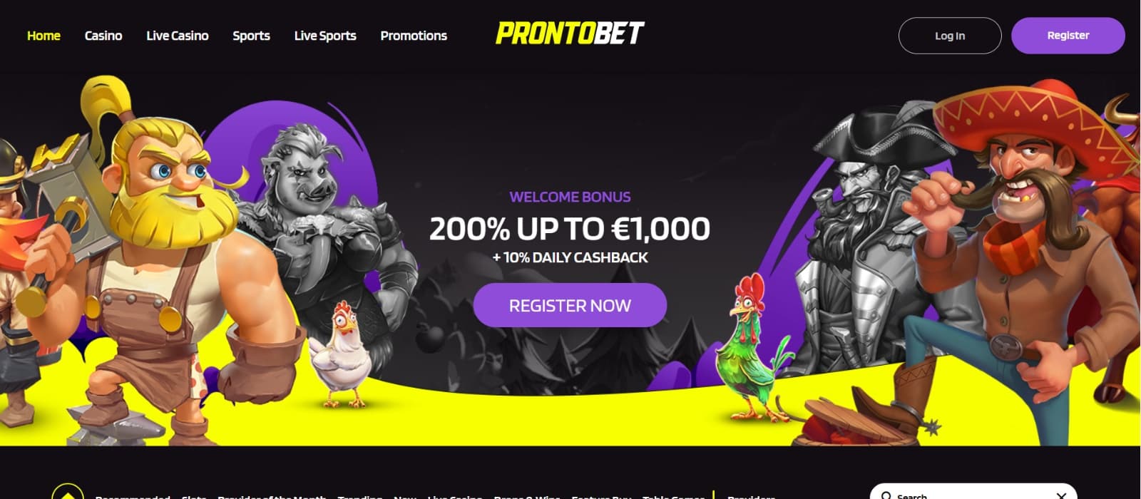ProntoBet Casino Landing page with yellow, purple and black welcome bonus banner