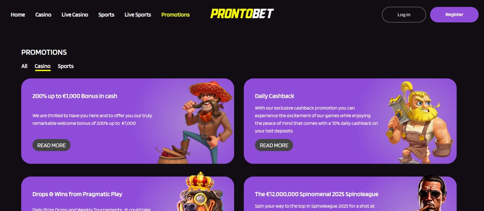 ProntoBet Casino promotions page with welcome bonus and daily cashback