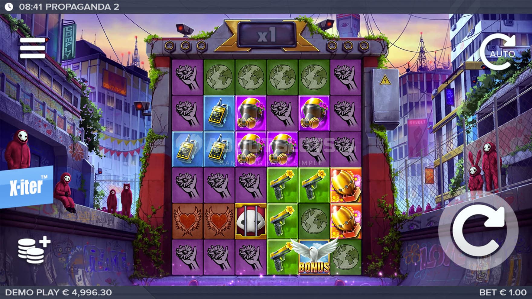 Screenshot of the base game, showing a 6x6 grid on a backdrop of a city covered with colourful grafitti and drawings.
